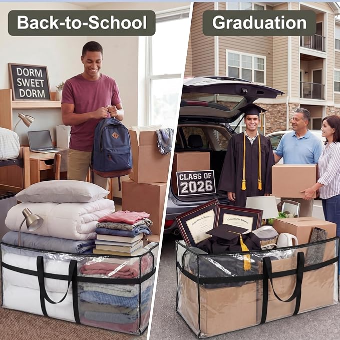 4 Pcs 66 Gallon Extra Large Moving Bags Heavy Duty Storage Bag with Strong Zipper Handle Foldable XXL Jumbo Storage Tote Packing Moving Box for College Dorm Travel Cloth Duffle (Clear)