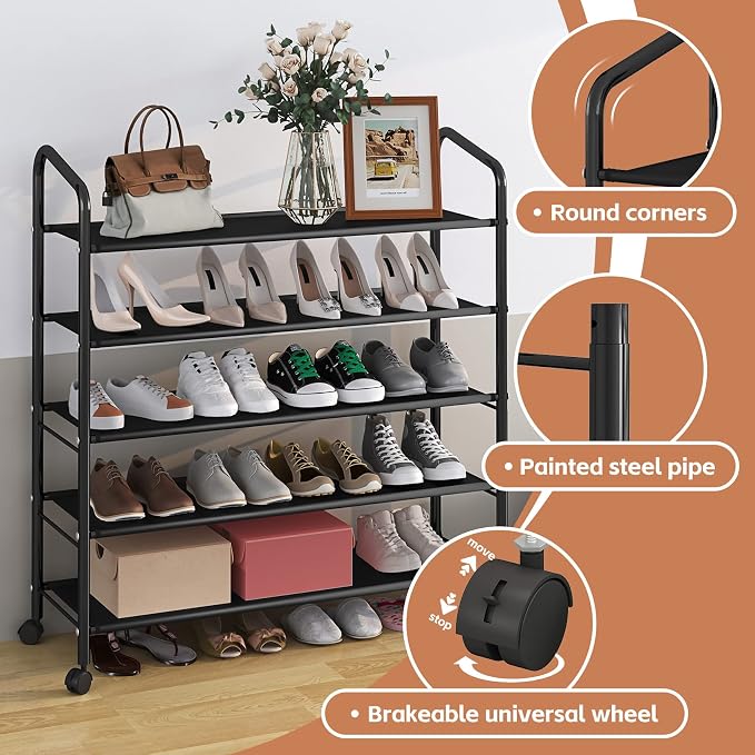 5 Tier Black Metal Shoe Rack Organizer Shoe Stand,Sturdy Rolling Shoe Shelves Storage Racks Organizer for Garage Entryway Closet Floor,with Wheels,31 Inches Wide,Fabric Shelves