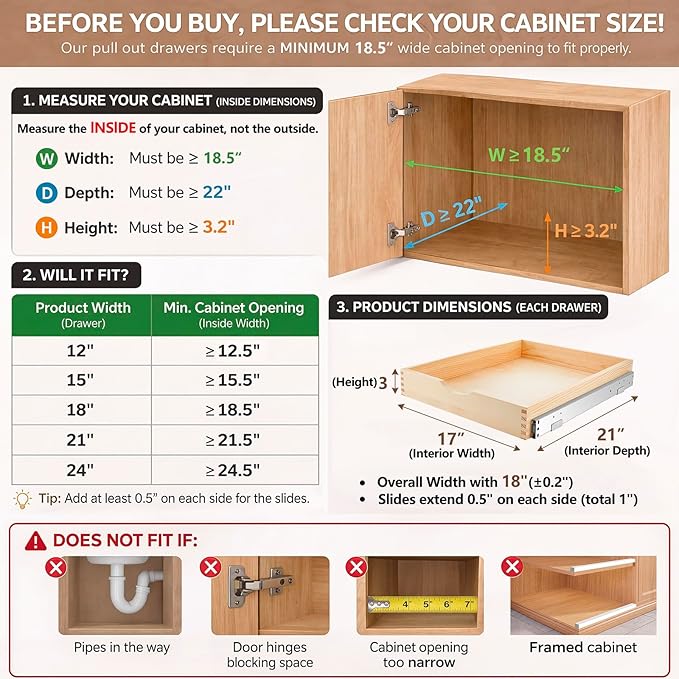 Sintuff 4 Pack Wooden Pull out Tray Cabinet Organizer Gentle Close Roll out Shelves for Kitchen Cabinets Fully Assembled Slide Pantry Shelves (18'' X 21'')