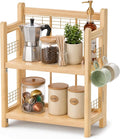 No-Assembly Coffee Bar Organizer, 2-Tier Coffee Station Shelf | Foldable Oak Wood Shelf, Coffee Station Accessories Storage for Syrup & Pod, 3 Hooks for Mugs, Kitchen Condiment Rack Natural