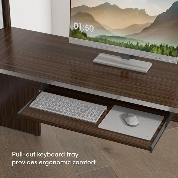 Bestar, Ridgeley Collection, Modern Executive Computer Desk with Pedestal and Hutch | With Pedestal and Hutch; Made in North America; for home or professional office use; 2 adjustable shelves; Metal construction