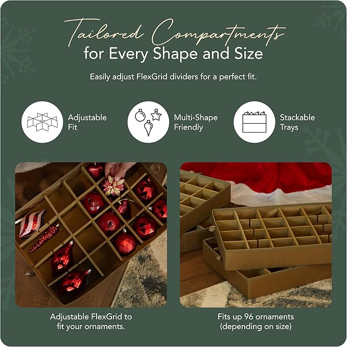 Covermates Keepsakes Adjustable Ornament Storage Box – Heavy-Duty Polyester, Padded Dividers & FlexGrid Trays – Protective Holiday Organizer with Stackable Walls & Label Window, Green