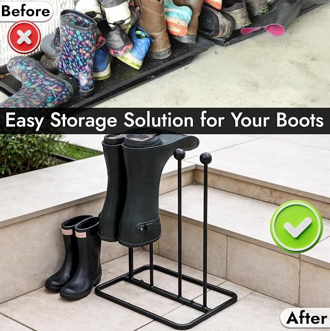 ARSUK Boot Rack Shoe Organizer for Tall Welly Boots - Free-Standing cowboy Boot Storage, Rain Boots Holder Stand, 10mm Thick Wrought Iron, Matt Black for Closet, Entryway, Garage (2 Pair)