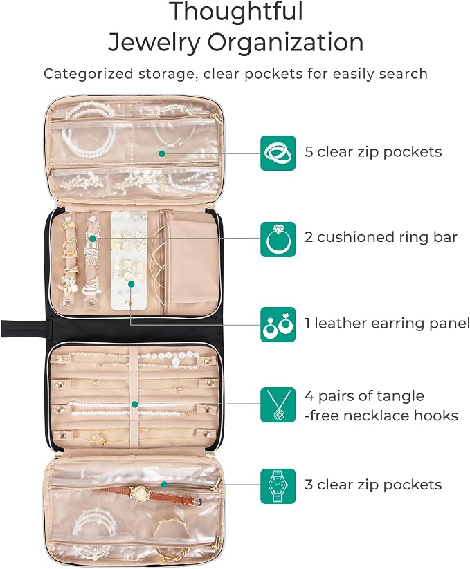 Marscamd Travel Jewelry Case Organizer, Foldable Jewelry Bag, Black | with Zipper Jewelry Bag for Earrings, Rings, Necklaces, Bracelets, Brooches