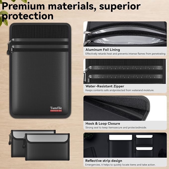 Tamfile Fireproof Document Bag with 2 Pack Fireproof Organizer Travel Bag | 5200℉, Heat-Resistant, Water-Resistant, 8 Layers Safe Money Bag, Storage for Important Documents, Cash, Valuables, Black