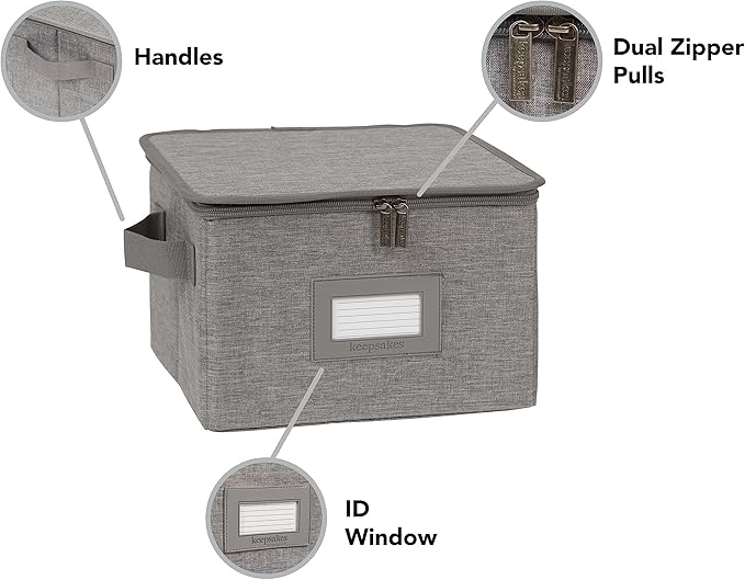 Covermates Keepsakes Zip-Top Storage Box Set, 3 Pack Heavy Duty Polyester Organizer Bins, Stackable Design, ID Window, Reinforced Handles, Closet Home Storage, Grey Heather