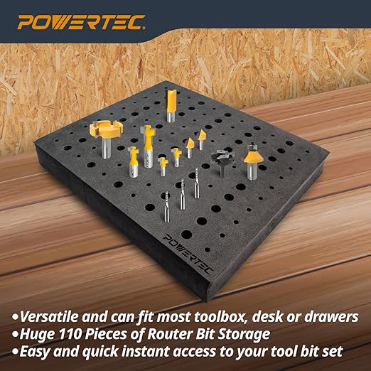 POWERTEC Router Bit Storage Inserts for 110 Bits, 50PCS 1/2" and 60PCS 1/4" Shank Router Bits, Routers Bit Holder, Bits Organizer with High Density Foam, Fits Toolbox, Drawer, Workstation (71046)