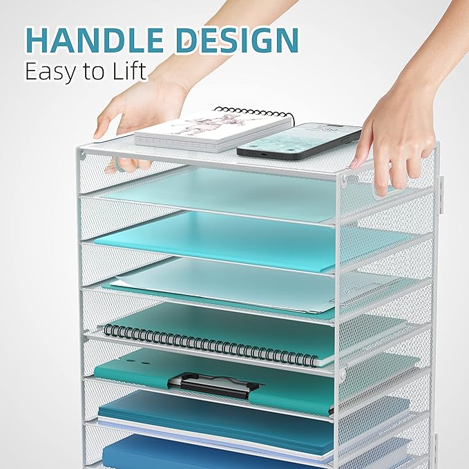 DALTACK 9-Tier Paper Organizer for Desk, Mesh Letter Tray Desk Organizer with Handles, Space-Saving File Organizer for Office Home School, White 2 Pack