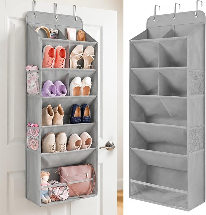 HOMELUX THEORY Hanging Shoe Organizer for Closet, 6 Tier Over the Door Shoe Organizer 120D Extra Thick with Deep Pockets, Shoe Rack for Closet & Entryway, with 4 Side Storage Pockets (Light Gray)