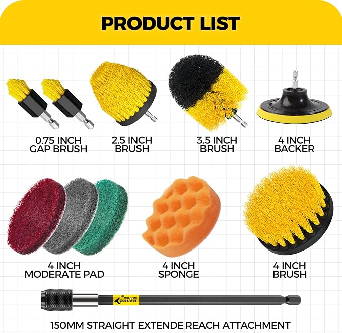 Holikme 11 Piece Drill Brush Attachment Set Scouring Pads Power Scrubber Brush Scrub Pads for Bathroom Surfaces, Floor, Tub, Shower, Grout, Tile, Corners,Cleaning Brush | Buffing Sponges, Nylon Grout Tools, Tile Bathtub Shower Floors Kitchen Car Interi...