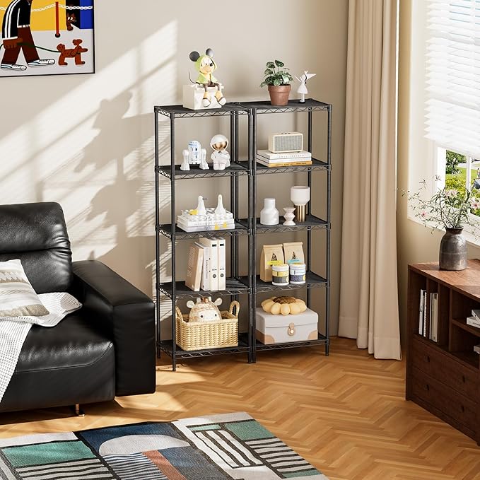 SINGAYE Metal Shelves Wire Shelving Storage Standing Adjustable Shelf Unit | 5 Tier Mesh Units Shelf for Kitchen Laundry Bathroom Closet Organizers Pantry Narrow Home Rack 10" D x 16" W x 55" H Black