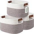 ECDYQXVU 15x10x9 Woven Cotton Rope Storage Basket, Leather Handles 3 Pack | Foldable Design, Sturdy PU Handles, Easy to Clean Organizer for Living Room, Closet, Shelves, Bedroom, Laundry, Clothes