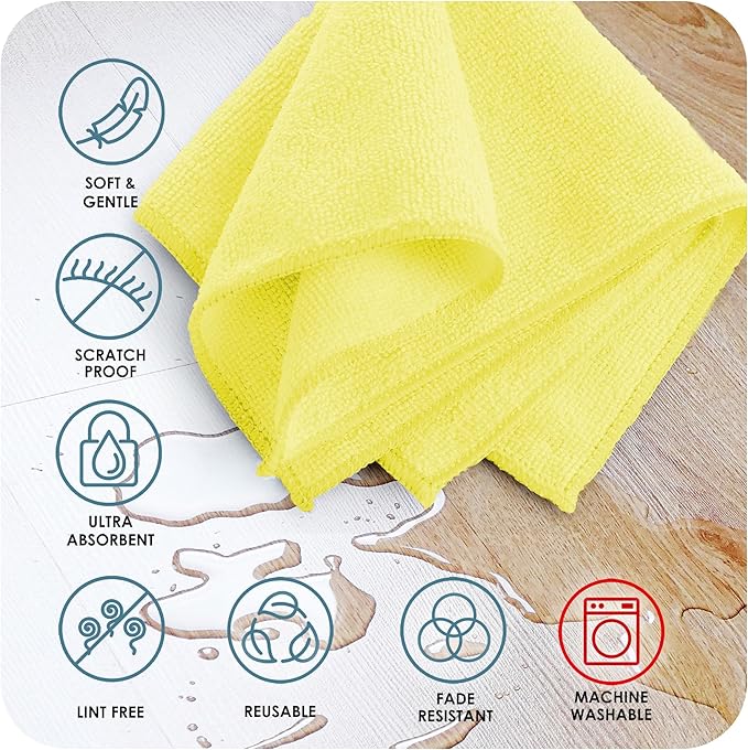 Hearth & Harbor Microfiber Cleaning Cloth Set - 12 Pack Yellow Washcloths, 12''x12'' Reusable Towels for Cars, Lint-Free Rags (V-HH-Cloth-M-12-Ylw)