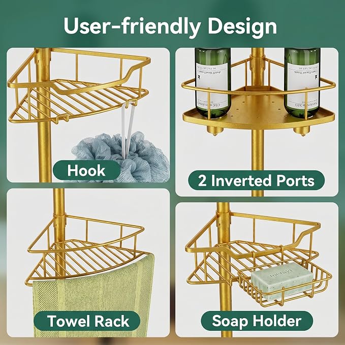 Corner Shower Caddy Tension Pole, 4 Tier Rustproof Shower Tension Rod Organizer, Adjustable 25-125 Inch Bathroom Shower Organizer Shelves for Bathtub Shampoo Storage, Gold