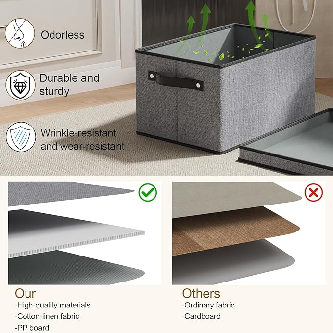 Storage Boxes, 10.2×7.8×6.7 Inch Closet Organizers for Shelves Bedroom Office with Handles, Storage Bins with Lids, Gray, 3-Pack