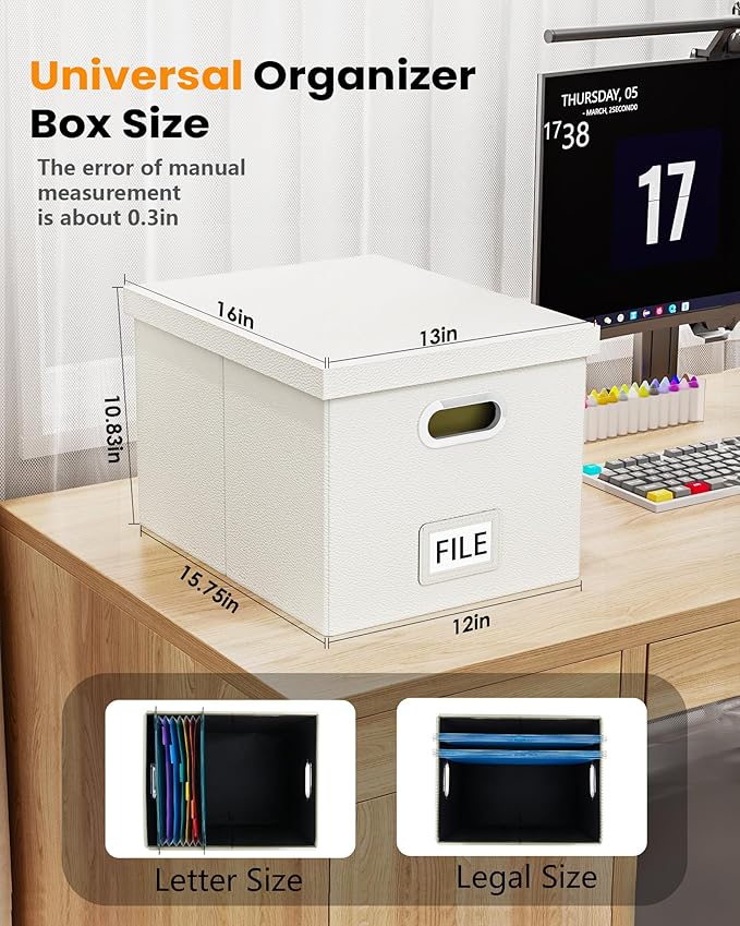 Oterri 2 Pack File Storage Organizer Box,Filing Box,Portable File Box with Lid,Fit for Letter/Legal File Folder Storage, White(Leather)-Box only