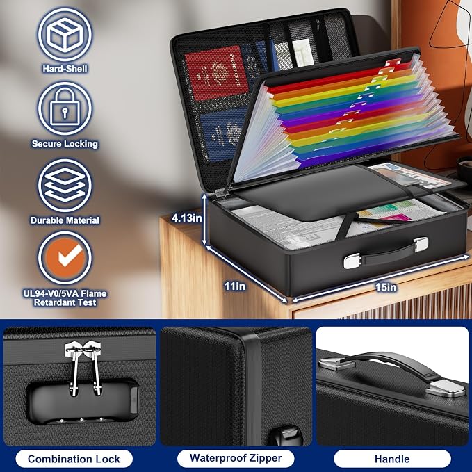 JHSafer Fireproof Document Box with Lock, Hard Shell, Black | File Box with Waterproof Zipper, Important Document Organizer with Handle, Portable Safe for Home, Office, Travel,Laptop