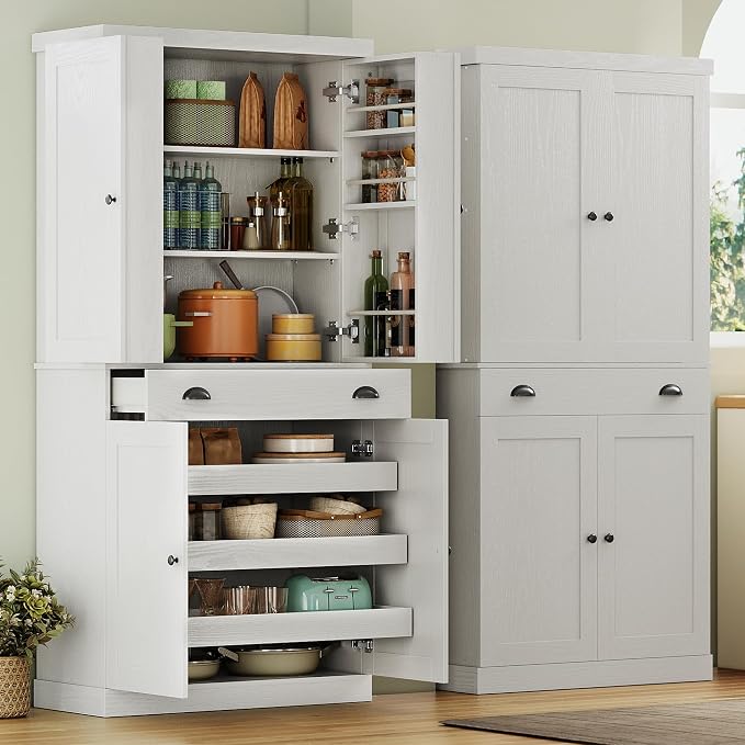 IRONCK 72" Kitchen Pantry Cabinet with Drawer and Sliding Racks, White | White wood pantry cabinet. 6 door shelves. 3 sliding racks. For kitchen, dining room, or hallway.
