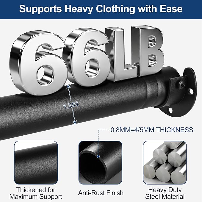 Adjustable Closet Rod for Hanging Clothes, 17-84inch Heavy Duty Metal tension clothes rod，1.3Inches Closet Pole with Hardware Kit for Closet Organization Laundry Room RV, Black