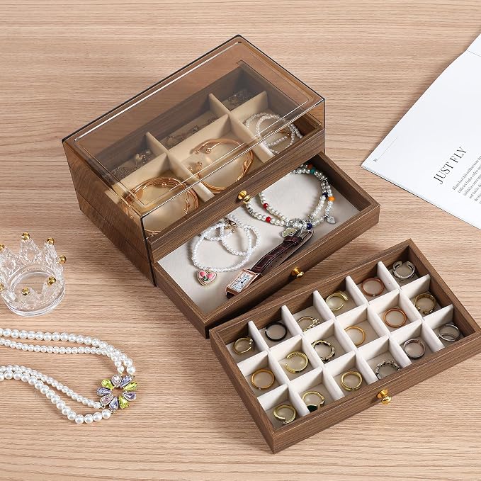 3 Layer Wooden Drawers Jewelry Box Vintage Style Jewelry Organizer with Acrylic Cover, Jewelry Storage Display Box for Ring Earrings Necklace Bracelet Box for Women and Girls(Walnut Color)(A)