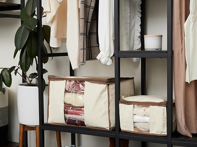 Covermates Canvas Storage Bag for Blankets, Clothes & Décor, 100% Cotton Breathable Fabric, Clear ID Window, Dual Zipper Closure, Carry Handles, Closet Organization, Natural