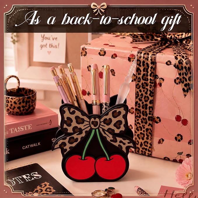 Tenceur Cherry Leopard Bow Pencil Holder for Desk Large Capacity Bow Wood Pen Holder Coquette Desk Organizer Cute Teacher Office Decor Makeup Brush School Supplies Back to School Gift for Girls Women