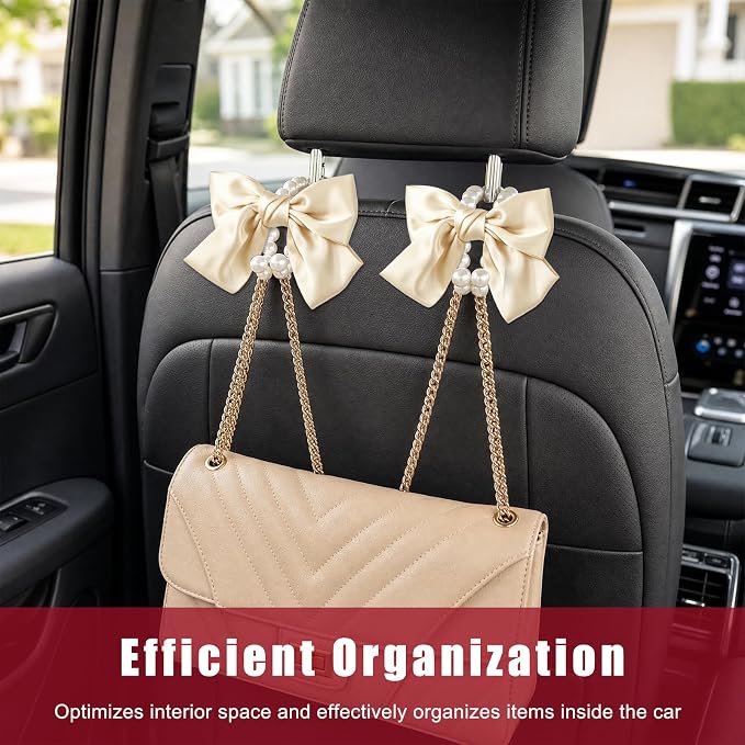 2 PCS Bow Pearl Car Seat Headrest Hook, Car Seatback Hanging Organizer Elegant Pearl Purse Hanger, Cute Bow Vehicle Interior Headrest Storage Hook for Handbag Purse Coat (Beige)