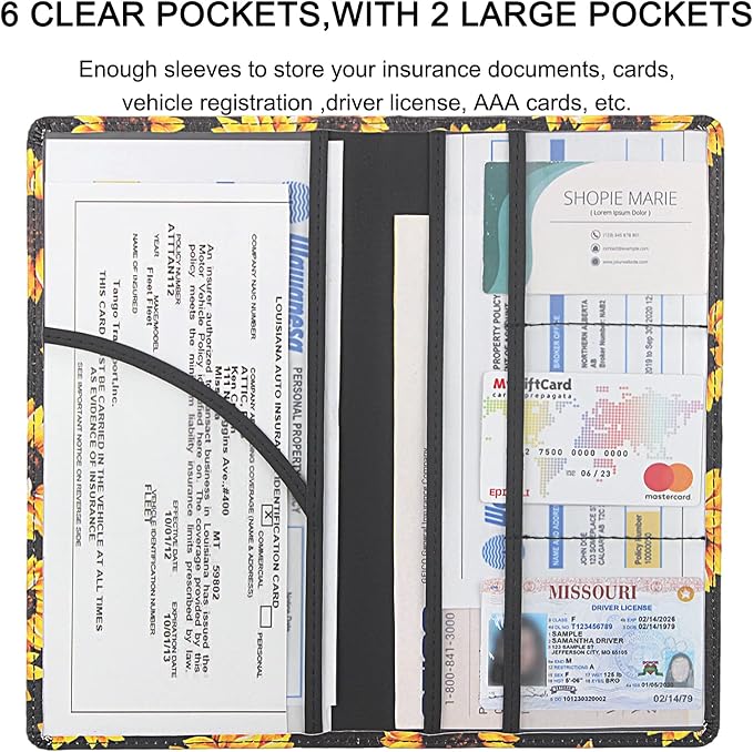 LumiMokki Premium Car Registration & Insurance Card Holder with Magnetic Shut, Vehicle Glove Box Car Organizer - For Documents, Cards, License (Sunflower B)