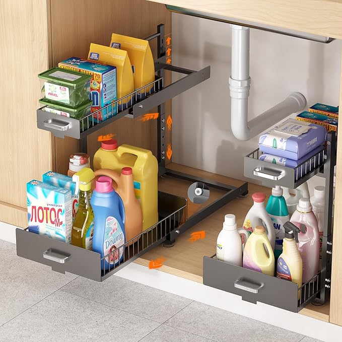 Under Sink Organizer,2 Tier Slide Out Kitchen Cabinet Organizers with Pulley,Under Bathroom Sink Pull Out Organizer with Multiple Height Adjustments for Kitchen and Bathroom Cabinets-Gray