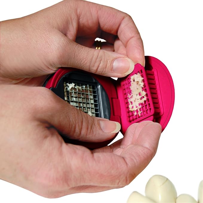 Garlic Perfection Press, Crusher, Mincer, and Storage Container - Easy to Clean - Stainless Steel Blades - Red