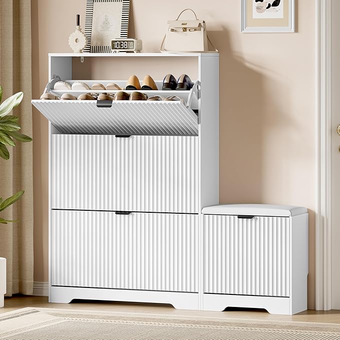 Xixini Shoe Storage Cabinet for Entryway with 3 Flip Drawers & Bench, Slim Wood Shoe Organizer with Modern Fluted Panel, Freestanding Narrow Shoe Rack for Front Door Entrance, Hallway, Foyer, White