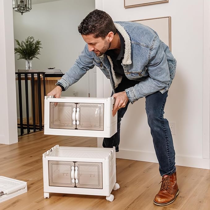 DALMAN 26QT Stackable Storage Bins with Lids - 3 Tier Wheeled Shelf Organizer Plastic Containers with Lids - Multipurpose Storage and Organization Shelving Unit with Magnetic Closure
