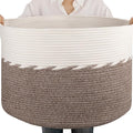 OIAHOMY 105L Extra Large Blanket Basket - Decorative Cotton Rope Storage Basket for Bedroom, Living Room & Nursery - Woven Laundry Hamper for Organizing Blankets, Clothes & Toys - Brown & White