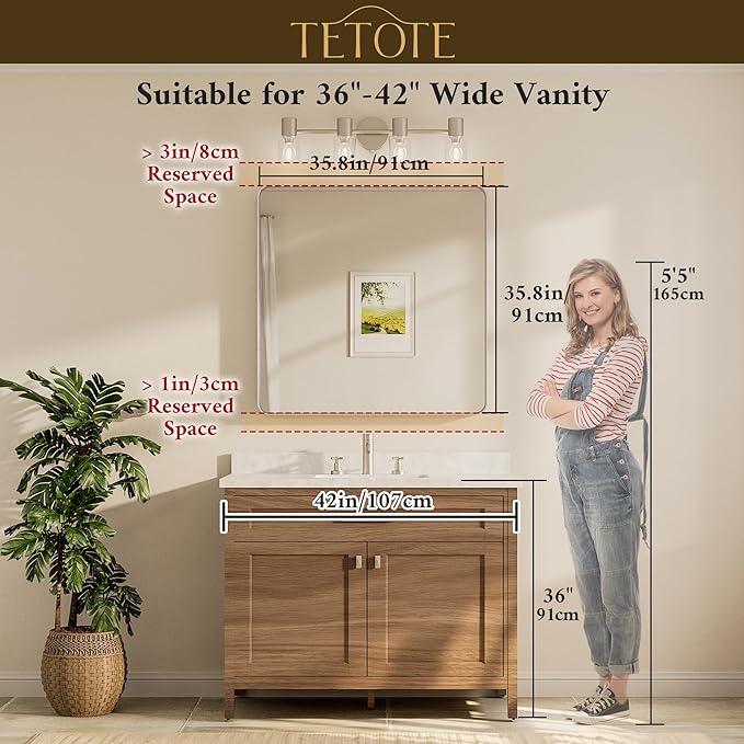 TETOTE Brushed Nickel Mirror 36 x 36 Inch for Bathroom Over Sink Metal Framed Mirror Modern Farmhouse for Living Room Entryway(Horizontal/Vertical)