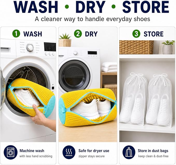 Shoe Washing Machine Bag 2 Pack with 2 Dust Bags for Washer Dryer | Chenille Microfiber Lining, 17 x 7.5 inch Cylindrical Shape, Auto-Lock Zipper, Foldable Yellow Laundry Wash Cleaner Pouches
