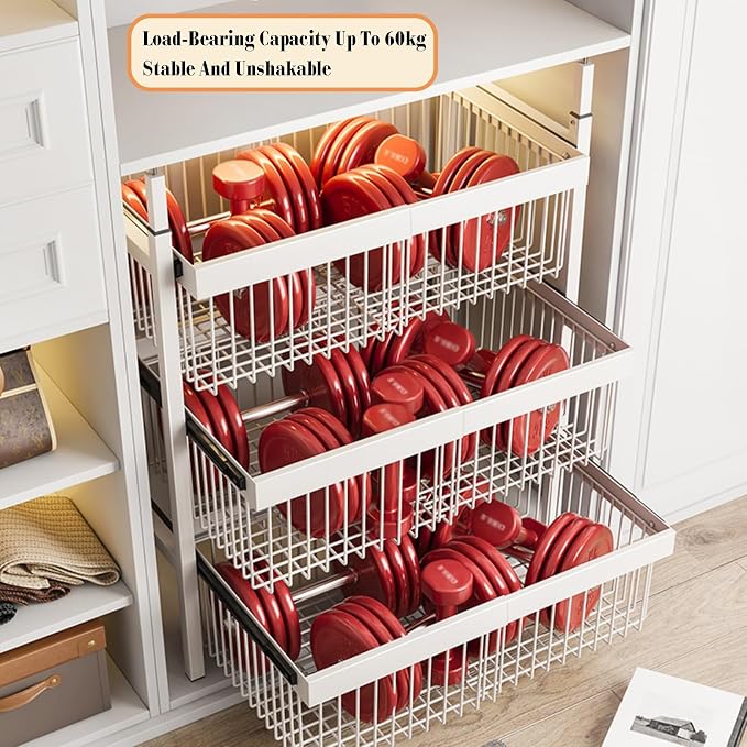 Expandable Cabinet Pull Out Basket,Carbon Steel Stackable Storage Bins,1-3 Tier Stackable Shelf Baskets Organizer,for Office Bathroom Bedroom(3 tier)