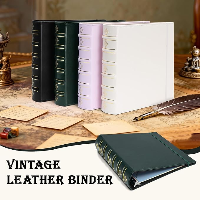 Ospelelf Vintage 3 Ring Binder 2 Inch, Leather D Ring Binder with Pockets and 5 Tab Dividers, Hardback Book Style Document Organizer Fits Letter Size for Home and Office Green