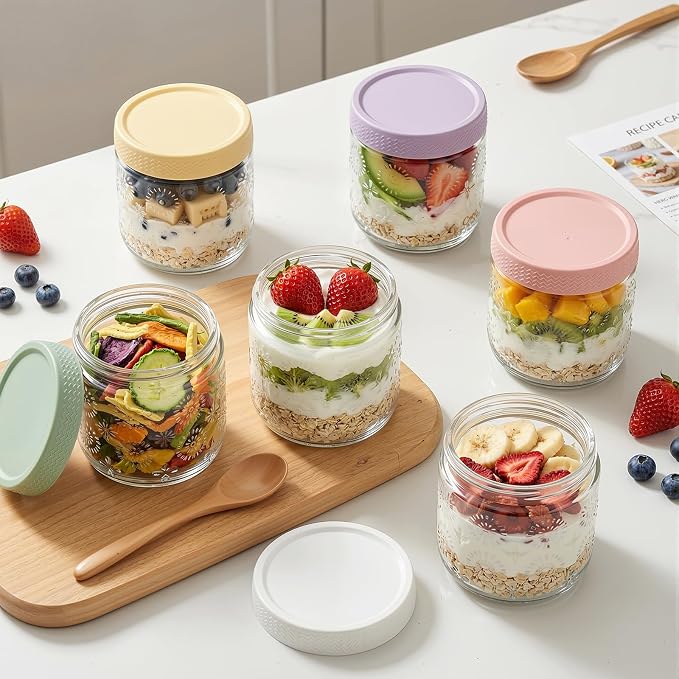 8 pack 16 oz Overnight Oats Containers with Lids, Glass Food Storage Container, Salad Jars, Mason Jars for Overnight Oats, Yogurt, Oatmeal, Salad, Coffee, Spices