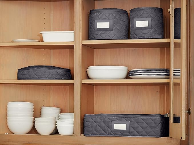 Covermates Keepsakes Dish Storage Set – Padded China & Dinnerware Storage Cases with Dividers, Cup & Stemware Storage, Quilted Polyester Protection, ID Window, Slate