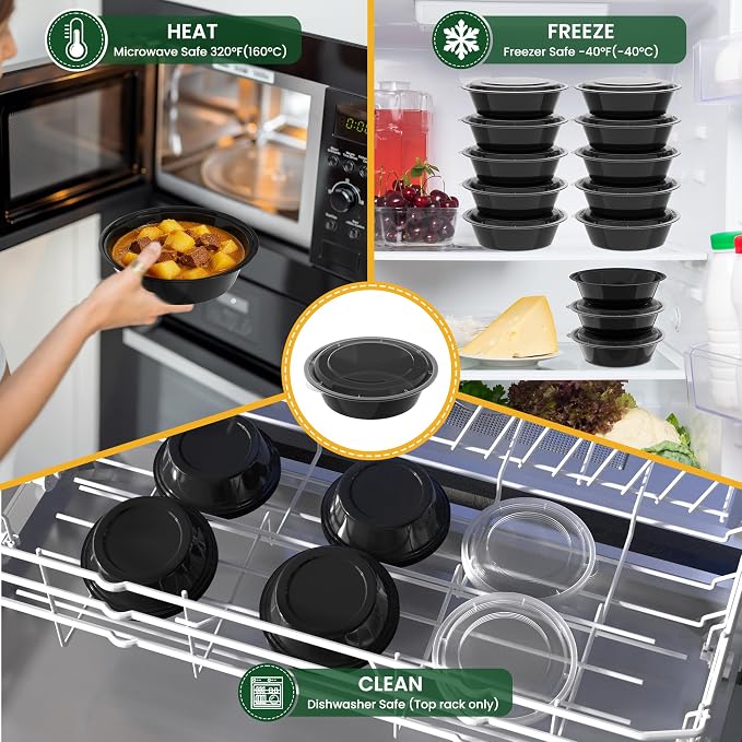 18oz Round 50-Pack Meal Prep Containers Reusable with Lids, To Go Take Out Plastic Food Storage Containers with Lids, Sturdy Leakproof & Food Safe, Microwave Freezer Dishwasher Safe Prep Containers