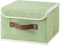 Collapsible Storage Boxes Baskets with Lid Cotton Linen Fabric Storage Bins with Faux Leather Handles Decorative Washable Cube Organizer Container for Home Closet Bedroom (Green, Small Size)
