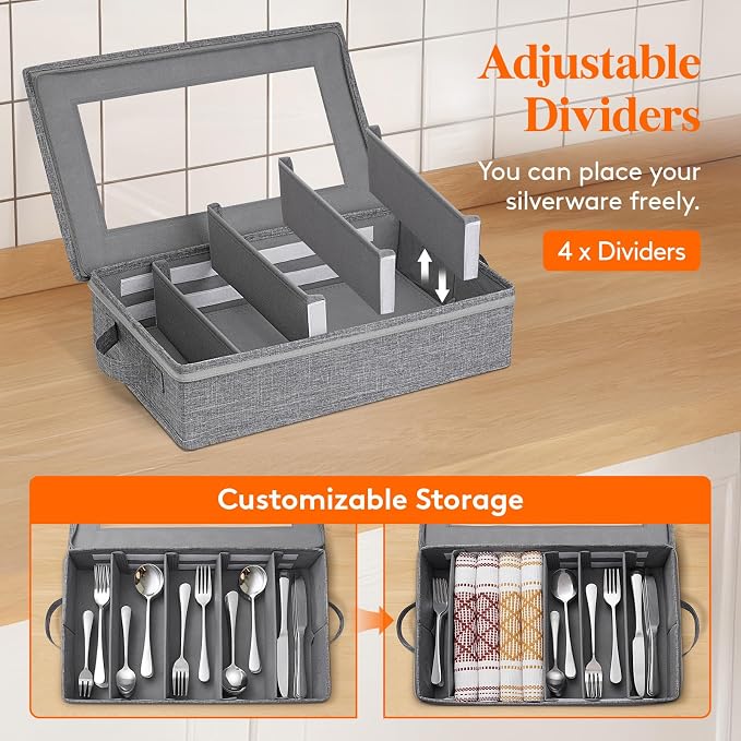 Lifewit Silverware Storage Box, Covered Flatware Organizer with Zipper Lid, 5 Compartment Cutlery Case with Adjustable Divider and Handle, Utensil Container for Spoon Fork Knives, 2 Pack, 27 -43cm