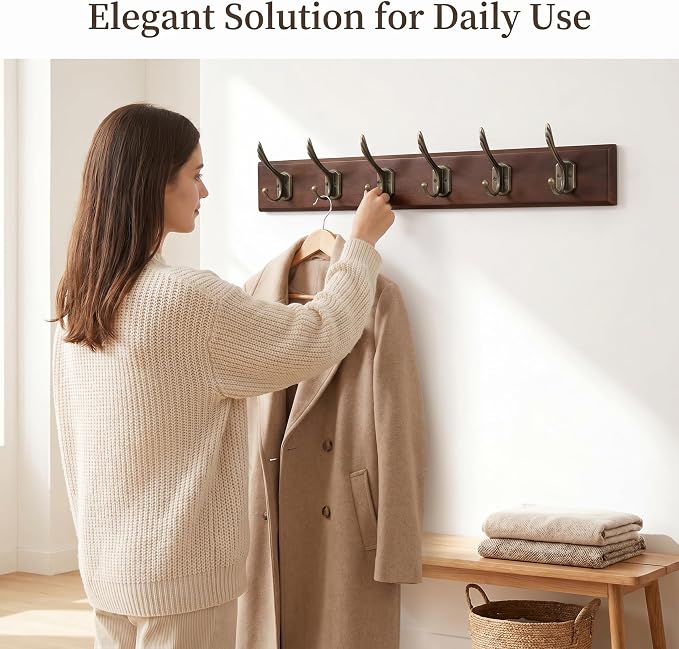 Wall Mounted Coat Rack with Solid Wood, 6 Bronze Metal Hooks – 23.22 Inch Rustic Brown Entryway Organizer for Hanging Coats, Hats, Jackets, Scarves, Bags, for Hallway, Bedroom, Bathroom（6Hooks）