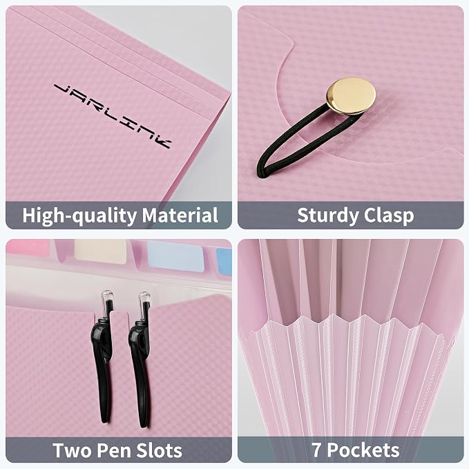 JARLINK 7 Pockets Expanding File Folder, A4 Accordion folders, Pupple&Pink | Accordion File Folders with 12 Labels, Portable Document Organizer for Home, College, School, and Office Supplies