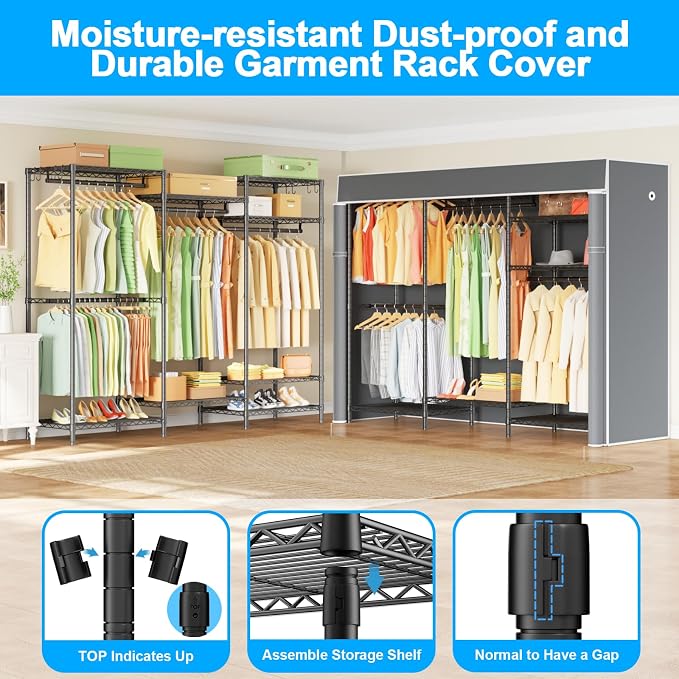 Ulif E13C Heavy Duty Closet Organizer System，Freestanding Clothing Racks for Hanging Clothes，Adjustable Garment Rack 63" W x 16" D x 77" H Hold 960 lbs，Black Clothing Rack with Grey Dustproof Cover