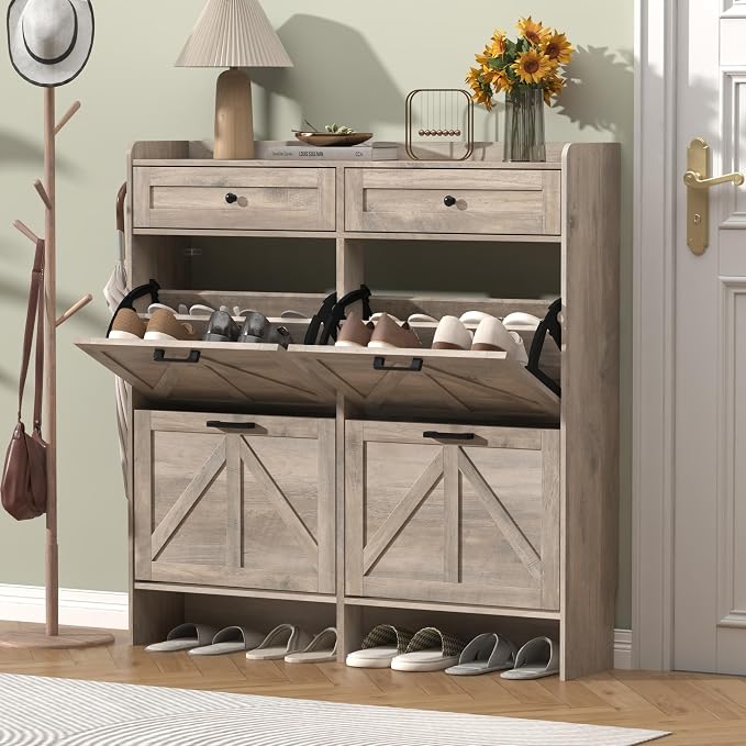Thacuok Shoe Cabinet with 4 Flip Drawers & 2 Storage Drawers, Rustic Farmhouse Narrow Shoe Organizer Cabinet, Slim Shoe Rack Cabinet, Shoe Storage Cabinet for Entryway, Hallway, Front Door