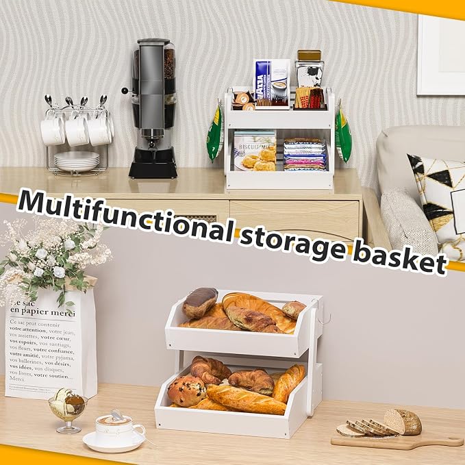 Gmtsl Bamboo Fruit Basket for Kitchen, Fruit Holder for Kitchen Countertop | 2 Tier Fruit bowl for Kitchen Counter, Fruit Stand, Vegetable Basket Storage, Produce Organizer, Bread Snack Display(White)