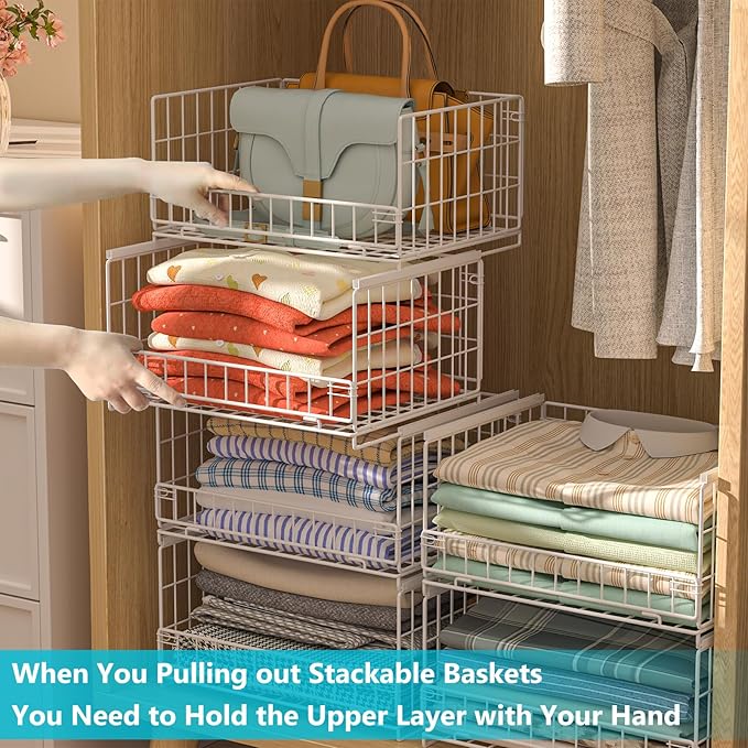 Hongtamoya 4-Tier Sliding Closet Organizers and Storage Shelves, Stackable Closet Shelf Organizer Basket Bins, Drawer Shelf Storage Container for Wardrobe Cupboard Kitchen Bathroom Office, White