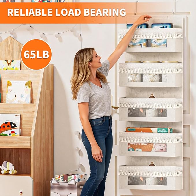 Aokeyee 5 Tier Over Door Organizer Nursery with Tassels and Clear Window | Boho Door Organizer Hanging, 65lb Behind The Door Storage for Bedroom Bathroom
