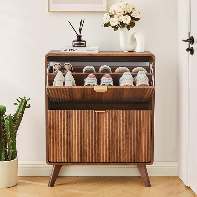 RARZOE Fluted Shoe Cabinet for Entryway, 27.5''Walnut | Narrow Curved Shoe Storage Cabinet with 2 Flip Drawers, Slim Shoe Rack Organizer for Foyer, Hallway, Fits Size 11 Shoes
